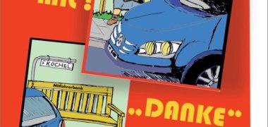 zwei Zeichnungen zur Mitfahrbank im Landkreis Bad Tölz-Wolfratshausen. Enthält Argumente für die Beteiligung bei Mitfahrbänken und Informationen zur Nutzung. Argumente: Mitmenschen helfen und kennenlernen; Weniger Fahrzeuge auf unseren Straßen; Verbesserung der Lebendqualität; Selbstbestimmte Mobilität, wenn ich nicht mehr fahren kann/darf Anleitung: An der Bank befinden sich Zielwegweiser, die Sie je nach gewünschtem Fahrziel umklappen können; Nehmen Sie auf der Bank Platz und warten Sie auf Fahrerinnen und Fahrer, die Sie mitnehmen möchten; Sie klären das genaue Ziel ab und steigen dann dort aus; Nutzen Sie sowohl als Mitfahrer/in als auch als Fahrer/in diese effektive Nachbarschaftshilfe in unserem Dorf