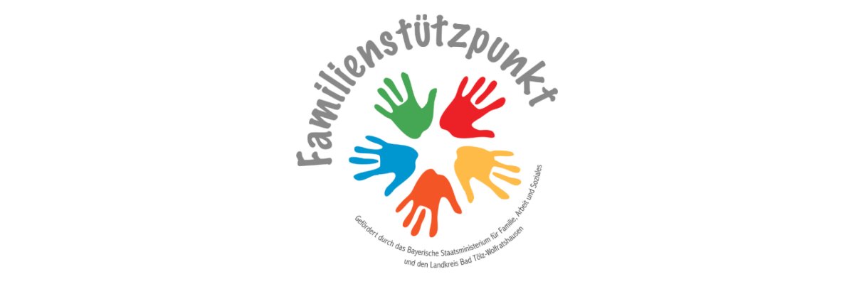 Familienstützpunkt Logo vom Familienstützpunkt. In der Mitte sind bunte Handabdrücke im Kreis, außen steht der Name. Gefördert vom Bayerischen Staatsministerium und dem Landkreis Bad Tölz-Wolfratshausen.