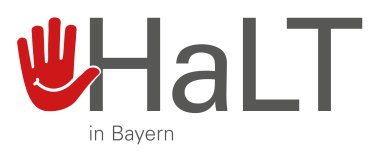 auf weißem Grund links Symbol rote HAnd mit gespreizten Fingern, rechts Schriftzug "HaLT" darunter klein "in Bayern"