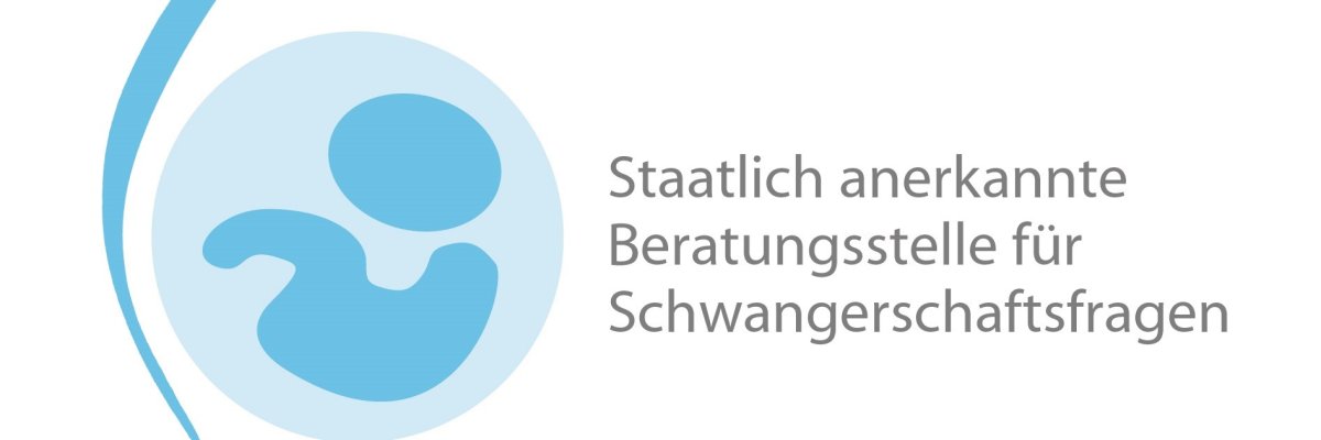 Banner der Schwangerenberatung in Bad Tölz Links: in blau und dunkelblau stiliserte Gebärmutter mit Baby und Baudecke. Rechts Text: Staatlich anerkannte Beratungsstellen für Schwangerschaftsfragen