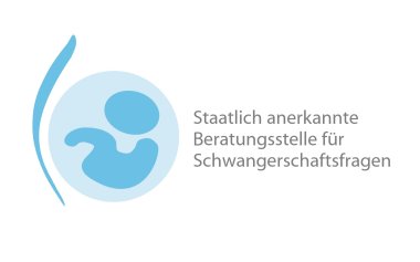 Links: in blau und dunkelblau stiliserte Gebärmutter mit Baby und Baudecke. Rechts Text: Staatlich anerkannte Beratungsstellen für Schwangerschaftsfragen