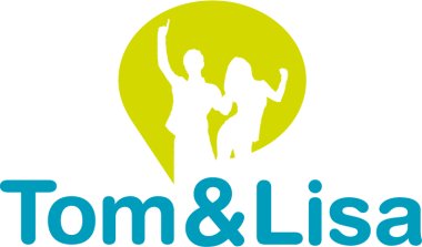 oben grüne Blase mit weißem feierndem Pärchen, unten in petrol Schriftzug Tom & Lisa