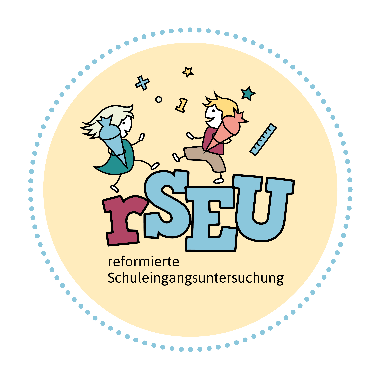 Rundes hellgelbes Logo mit Rand aus blauen Punkten. Im Kreis zwei tanzende Kinder, die Schultüten halten.  Darunter grosse Schrift "rSEU" und in kleiner Schrift "reformierte Schuleingangsuntersuchung"