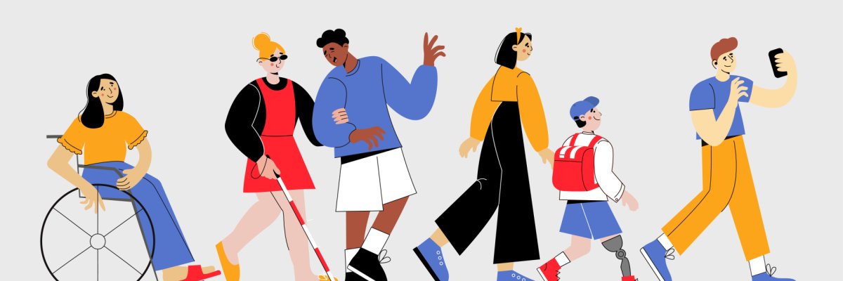 Grafik einer Gruppe von Menschen mit unterschiedlichen Behinderungen. - Graphic depicting a group of people with different disabilities. Grafik einer Gruppe von Menschen mit unterschiedlichen Behinderungen.